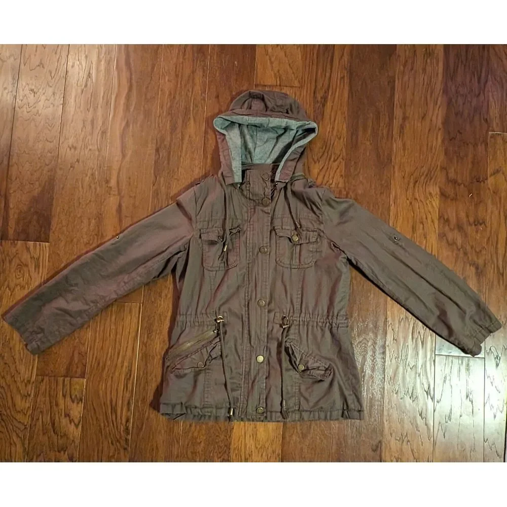 Women's Khaki Army Green Lightweight 100% Cotton Jacket Size Medium Pockets Hood